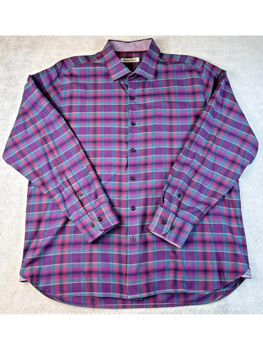 Tommy Bahama Mens Large Silk Blend Purple Teal Plaid Button Up Shirt